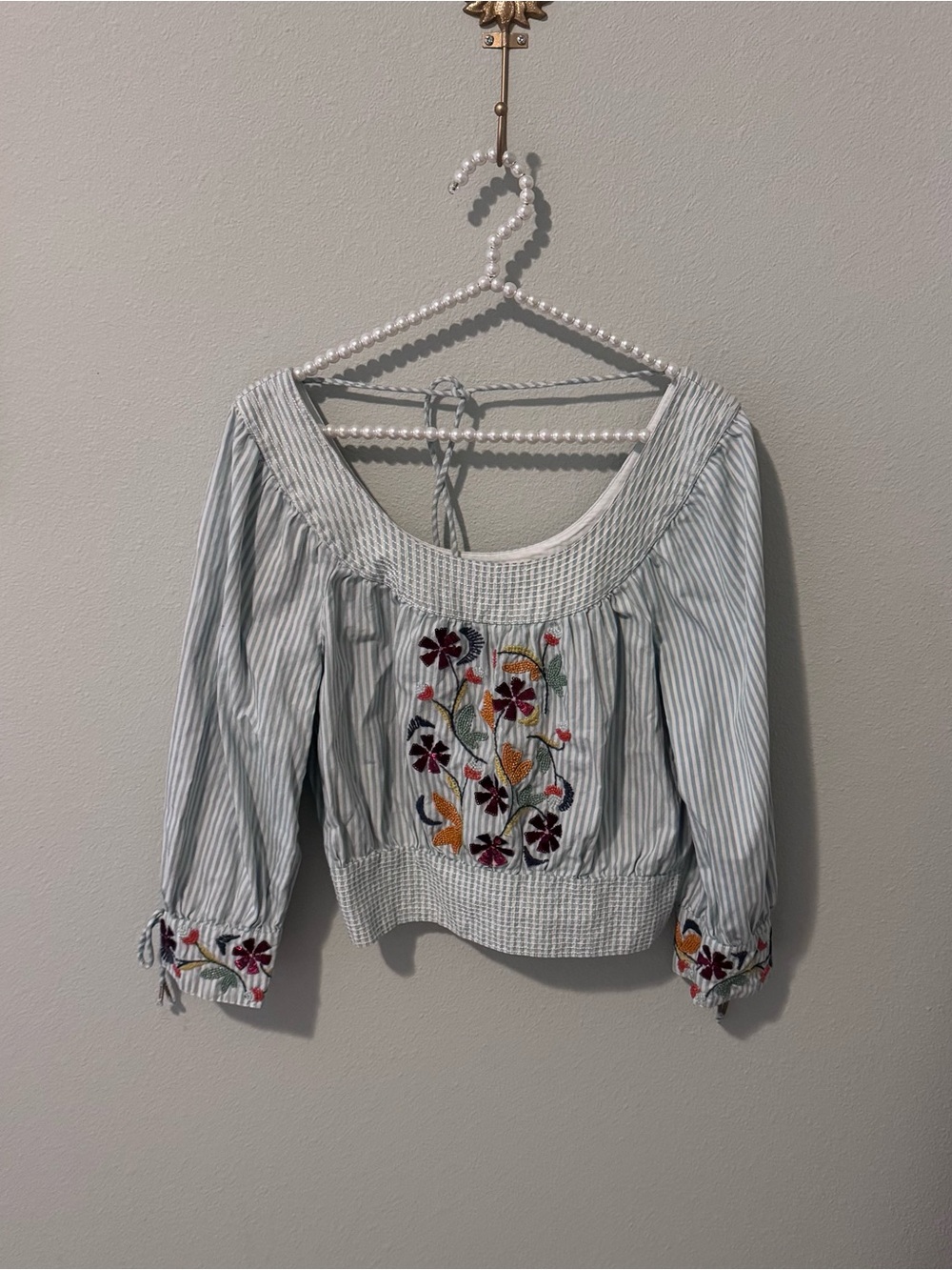 Anthropologie Light Blue Striped Embroidered Peasant Blouse